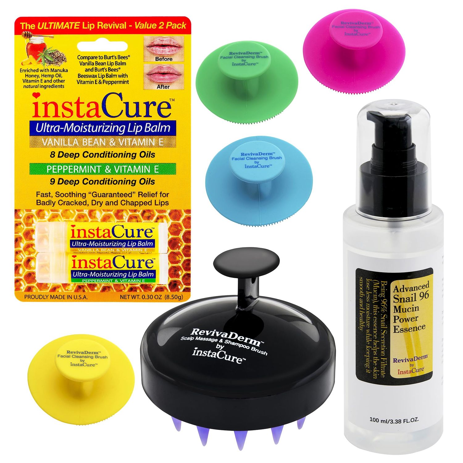 INSTACURE Snail Mucin 96 Power Facial Skin Repair Essence Hydrating Serum with Snail Secretion Filtrate, 4xSilicone Face Brushes, Scalp Massager Scrubber Hair Growth Shampoo Brush 2 Lip Balms