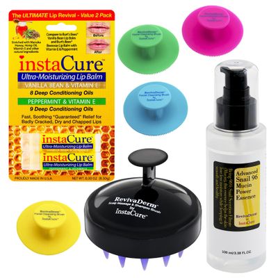 INSTACURE Snail Mucin 96 Power Facial Skin Repair Essence Hydrating Serum with Snail Secretion Filtrate, 4xSilicone Face Brushes, Scalp Massager Scrubber Hair Growth Shampoo Brush 2 Lip Balms