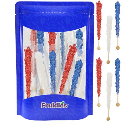 Fruidles USA Patriotic Rock Candy Lollipops Red, White, Blue Pops Candy Suckers, Color and Flavor Assortment, Individually Wrapped (12-Pack)