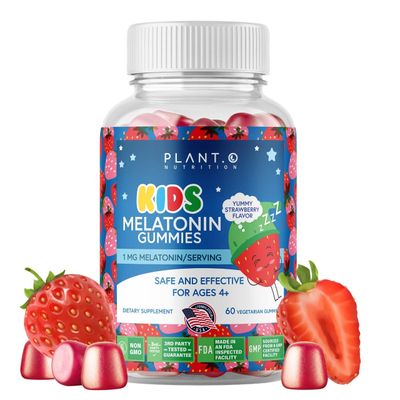 Kids Melatonin Gummies Fall Asleep Faster with 100 Drug Free Strawberry Cream Flavored Gummy for Natural Sleep Support Vegetarian, Gluten Free 60 Childrens Melotonin Chewables