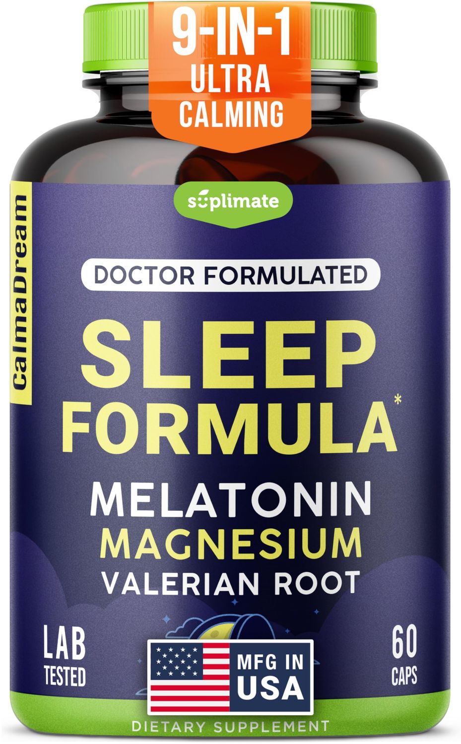 9-in-1 Natural Sleep Aid for Adults - USA Made, Lab Tested with 5mg Melatonin, 108mg Magnesium for Sleep - TRAACS, Ashwagandha, Valerian Root, GABA, 5HTP, Sleep Supplement for Adults, Vegan, 60 Caps