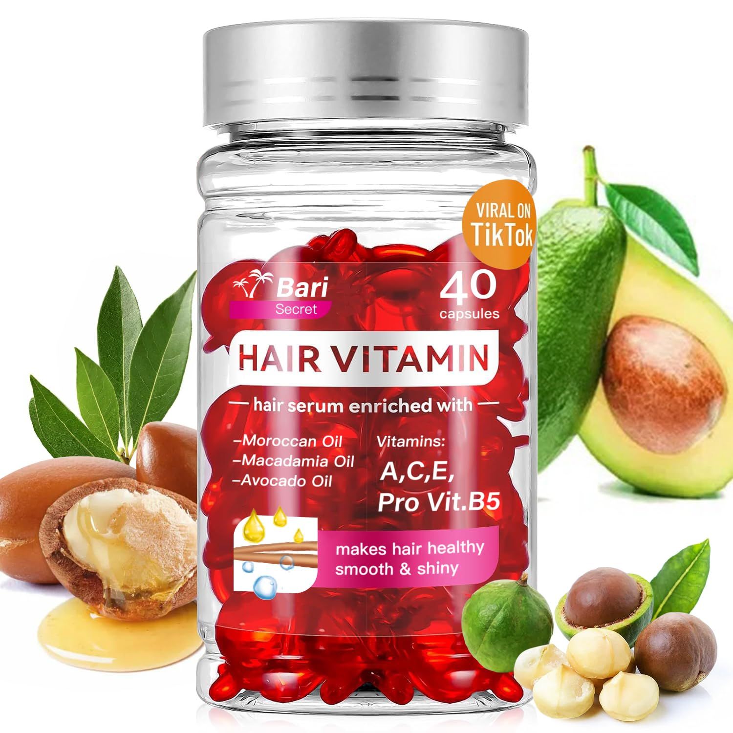 Generic Hair Vitamins Treatment Oil Capsule - no Rinse with Argan Macadamia Avocado Oils - Vitamins A C E Pro B5 - Hair Serum Oil Capsule for Women Men - 40 Capsules, Red