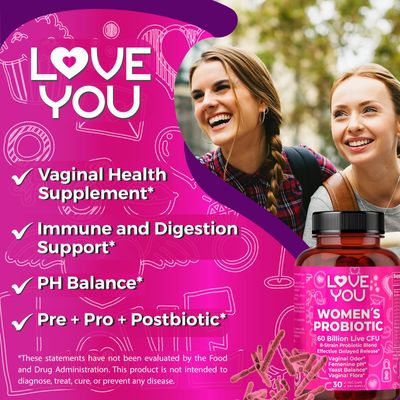 Love You Womens Probiotic, Ph Balance, Ut, Feminine, Vaginal Health Supplement, Digestive, Pre Pro Postbiotic, Delayed Release, 60 Billion Live CFU, 8-Strain Probiotic Blend, 30 Veg Caps Servings