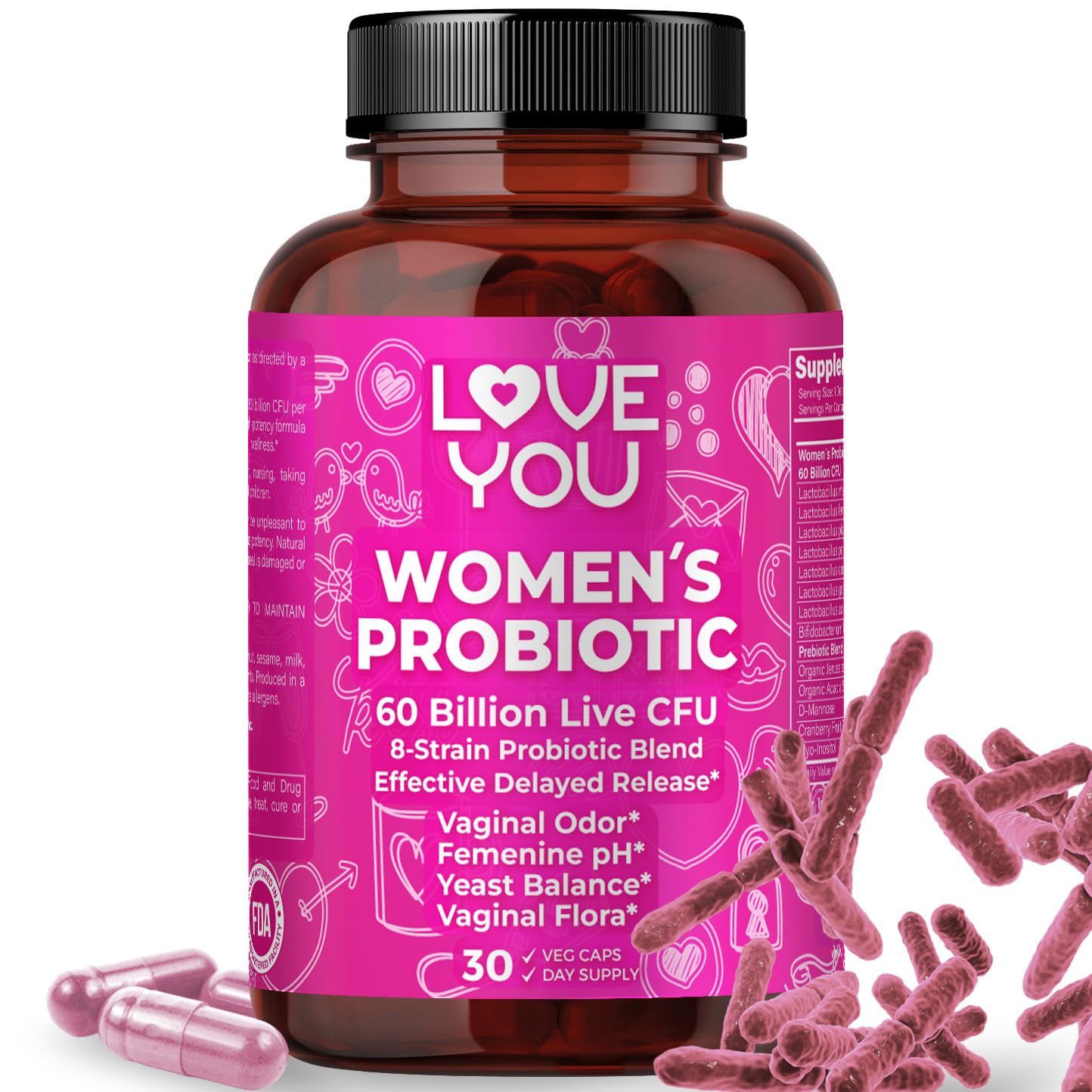 Love You Womens Probiotic, Ph Balance, Ut, Feminine, Vaginal Health Supplement, Digestive, Pre Pro Postbiotic, Delayed Release, 60 Billion Live CFU, 8-Strain Probiotic Blend, 30 Veg Caps Servings