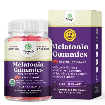 Organic Melatonin Gummies 10mg per Serving - Fast Acting Tasty Sleep Gummies for Adults Extra Strength Melatonin 10mg for Adults Enhanced Sleep Quality Duration - Non GMO Organic Vegan (30 Days)
