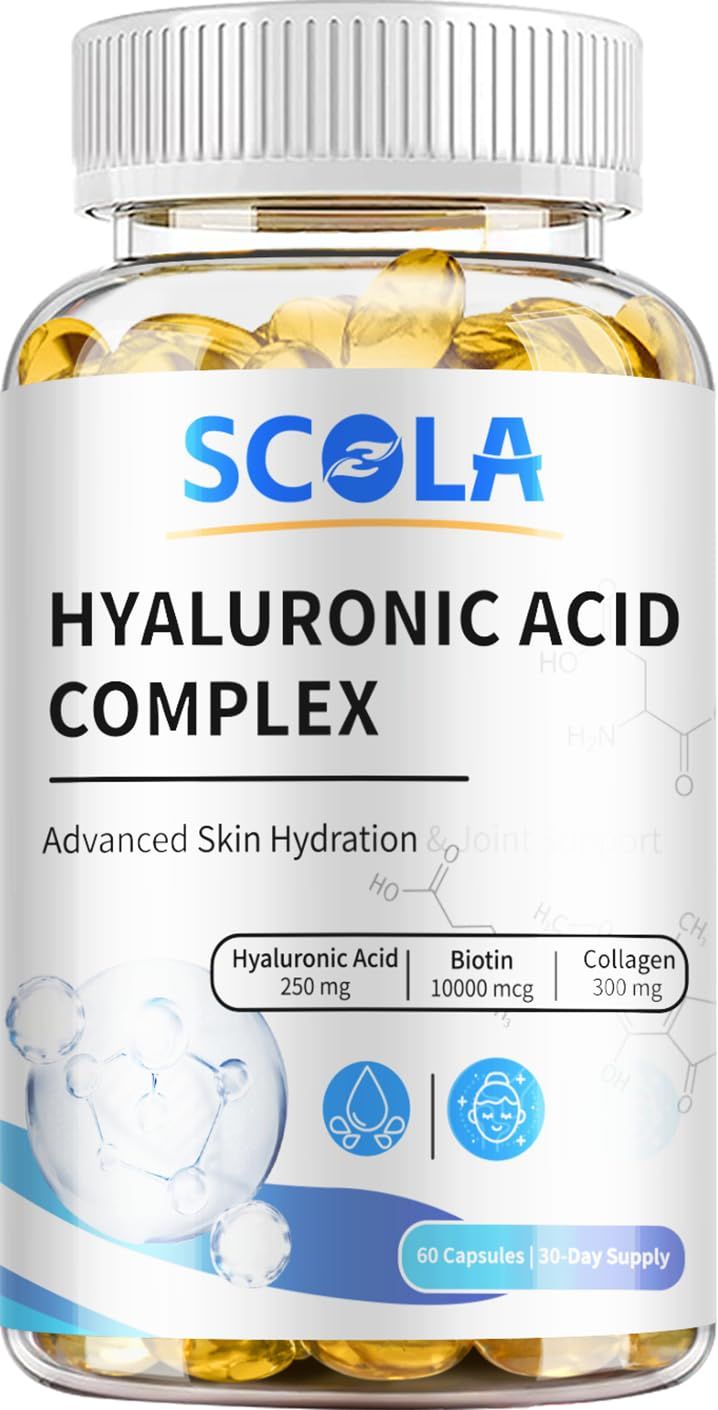 SCOLA Hyaluronic Acid- Hydration with 250 mg Hyaluronic Acid, and 10000 mcg Biotin - 60 Vegan Capsules