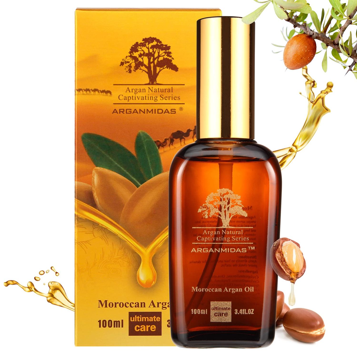 ARGANMIDAS Hair Oils, Moroccan Argan Oil for Hair and Face Skin Moisturizer, Leave Hair Soft Shiny, Hair Treatment oil for Men Women Dry Damaged Frizzy Hair, 3.4 Fl Oz