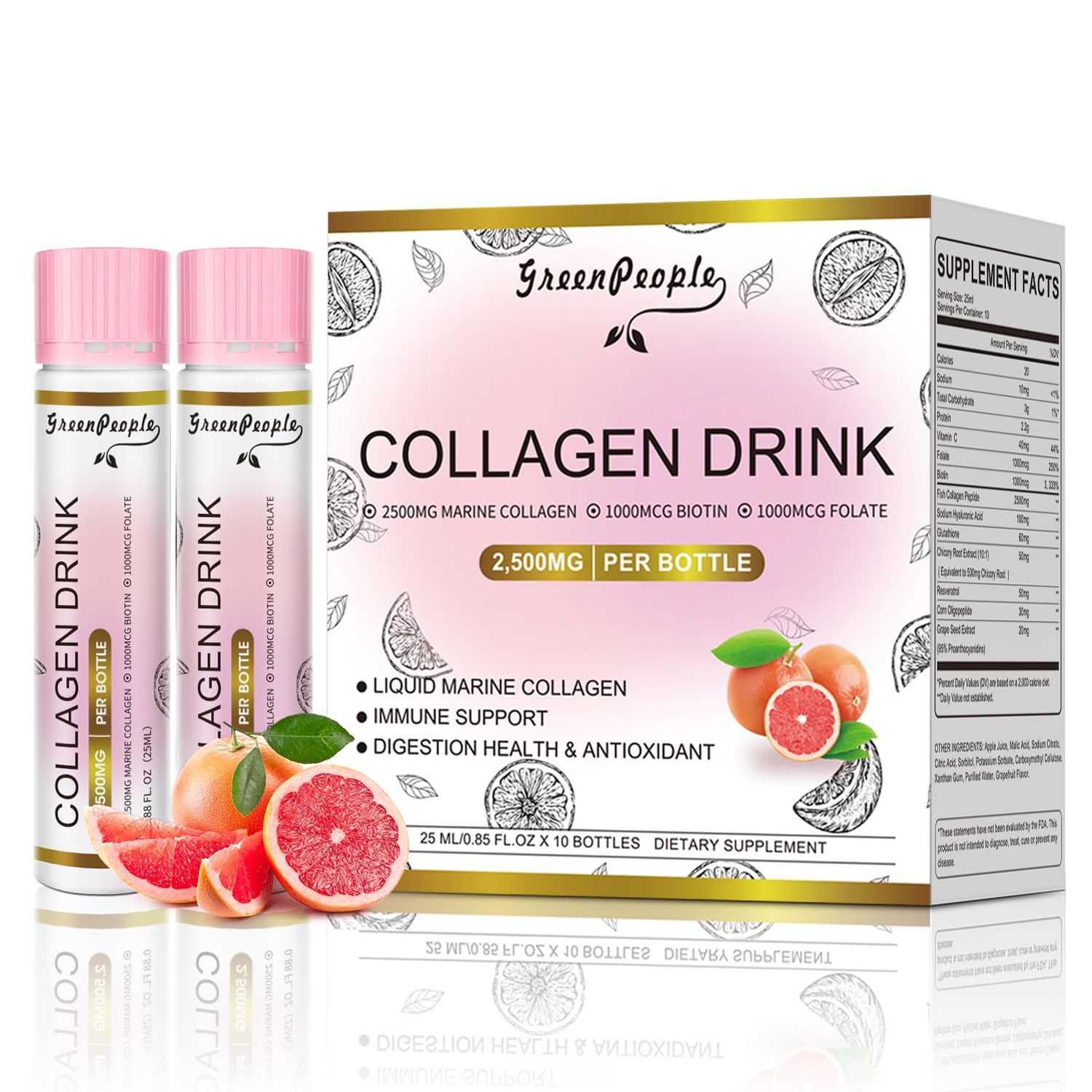 GREENPEOPLE Liquid Collagen for Women Men, 2500mg Fish Collagen Peptides Hyaluronic Acid Vitamin Bs C, Hair Skin Nails Joints Bones Support (0.85 fl oz, 10 Bottles, Grapefruit)