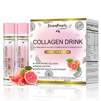 GREENPEOPLE Liquid Collagen for Women Men, 2500mg Fish Collagen Peptides Hyaluronic Acid Vitamin Bs C, Hair Skin Nails Joints Bones Support (0.85 fl oz, 10 Bottles, Grapefruit)