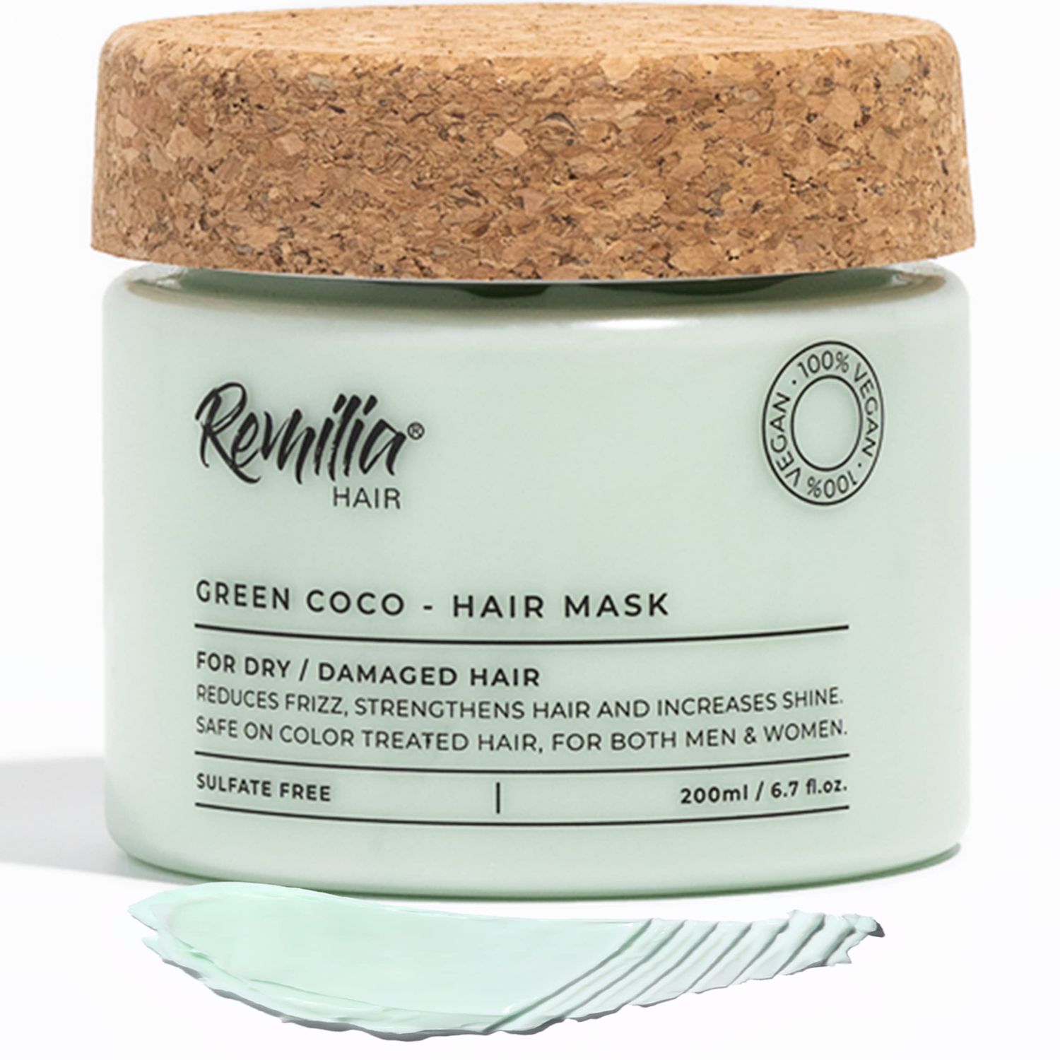 Remilia Hair Mask for Dry Damaged Hair and Growth - Deep Conditioning Hair Mask with Coconut Oil, Green Tea, Avocado, Castor Oil - Hydrating Soothing Vegan Protein Conditioner, 200ml