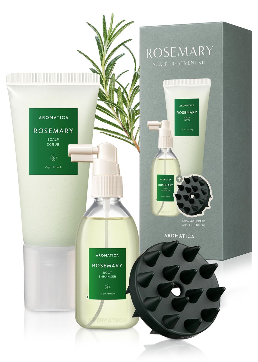 AROMATICA Rosemary Scalp Care Gift Set - Hydrating Scalp Treatment with Rosemary Enhancer, Rosemary Scalp Scrub and Dual Scalp Brush - Free from Sulfate, Silicone, and Paraben