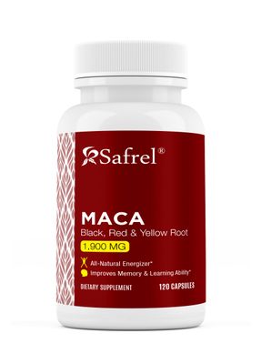 Safrel Organic Maca Root Black, Red, Yellow 1900 MG per Serving - 120 Vegan Capsules Peruvian Maca Root Gelatinized 100 Pure Non-GMO Supports Reproductive Health Natural Energizer