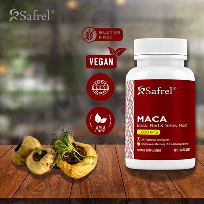 Safrel Organic Maca Root Black, Red, Yellow 1900 MG per Serving - 120 Vegan Capsules Peruvian Maca Root Gelatinized 100 Pure Non-GMO Supports Reproductive Health Natural Energizer