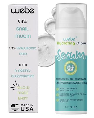 WEBE Naturals Snail Mucin 94 Hydrating Glow Serum 1.3 Hyaluronic Acid N-Acetyl Glucosamine Collagen Boosting, Plumping, Anti Aging, Intense Moisturizing Serum for Radiant, Dewy Skin