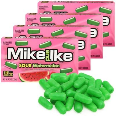 Mike and Ike Sour Watermelon, 4 Pack of Movie Theater Candy Boxes 4.25 OZ Each, Ideal Mike and Ike for Your Favorite Films, Perfect for Sharing with Friends.