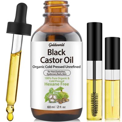 GoldWorld100 Organic Pure Black Castor Oil Cold Pressed,for Hair Eyebrows Eyelash Growth Serum to Grow Lashes,Castor Oil for Skin Body Face,Caster Oils Unrefined in Glass Bottle Hexane Free