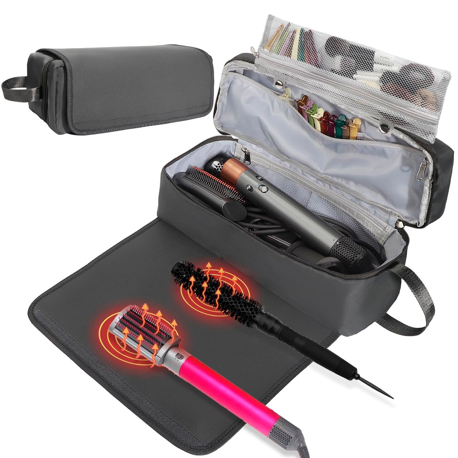 FAMOPLAY Hair Tools Travel Bag with Heat Resistant Mat Hair Styling Accessories Storage Case for Hair Dryer Flat Iron Straightener Curling Iron Haircare Accessories Travel Essentials for Women