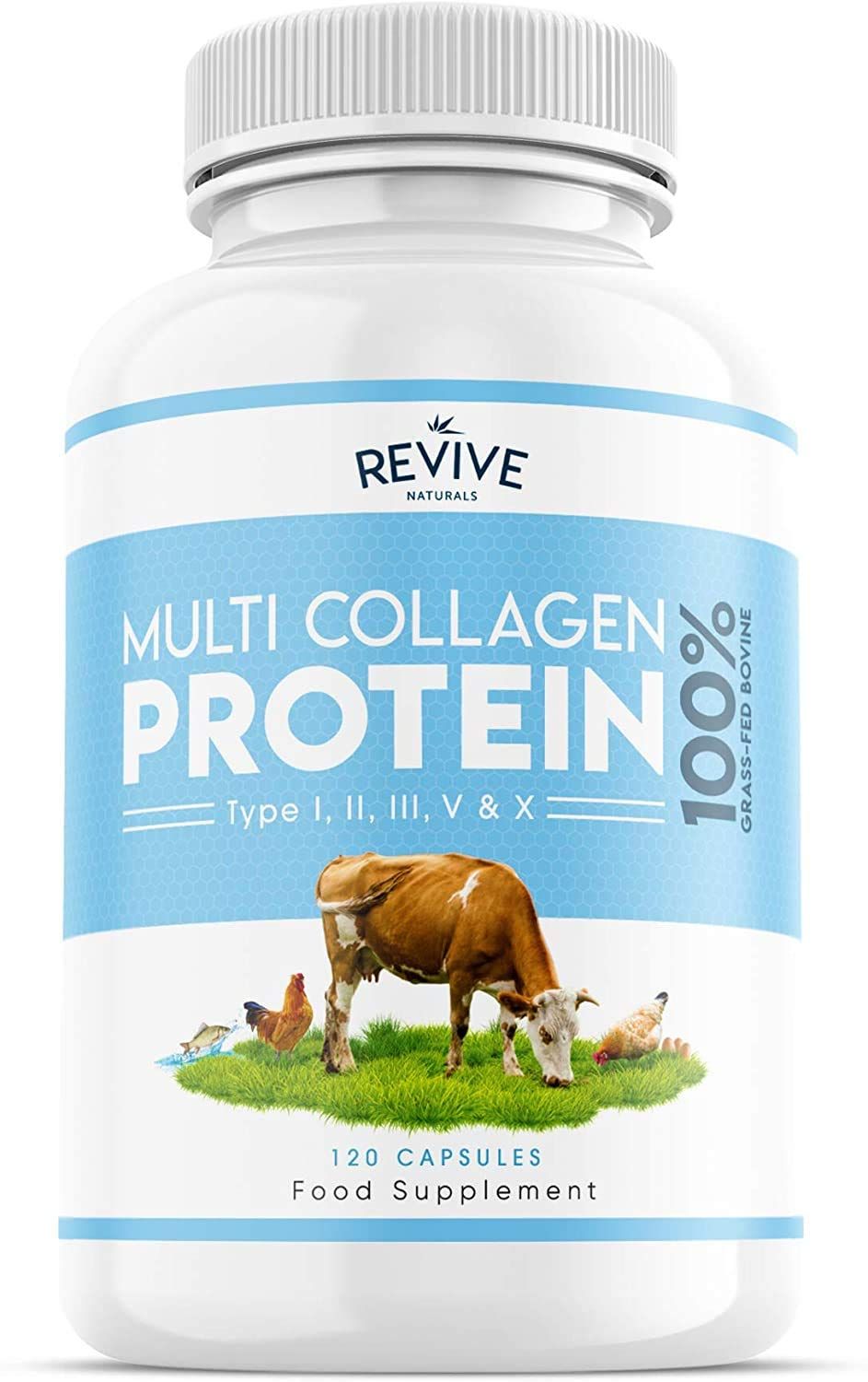 Revive Naturals Multi Collagen Protein Capsules - Types I, II, III, V X - Hydrolysed Grass Fed Bovine, Wild Caught Marine Free-Range Chicken, Made with Hyaluronic Acid Vitamin C, 120 Caps
