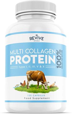 Revive Naturals Multi Collagen Protein Capsules - Types I, II, III, V X - Hydrolysed Grass Fed Bovine, Wild Caught Marine Free-Range Chicken, Made with Hyaluronic Acid Vitamin C, 120 Caps