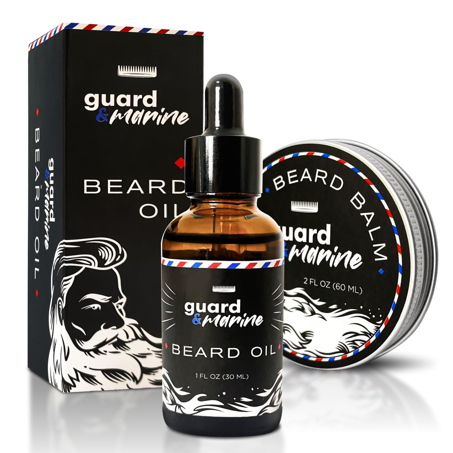 GUARDMARINE Beard Oil and Balm Set - Mens Beard and Mustache Care Kit for Growth, Styling, Conditioning, and Uncented Grooming