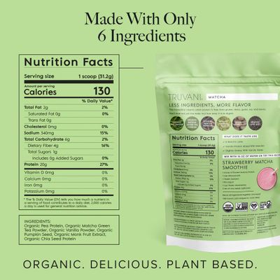 Truvani Vegan Pea Protein Powder Matcha 20g Organic Plant Based Protein 1 Serving Keto Gluten Dairy Free Low Carb No Added Sugar