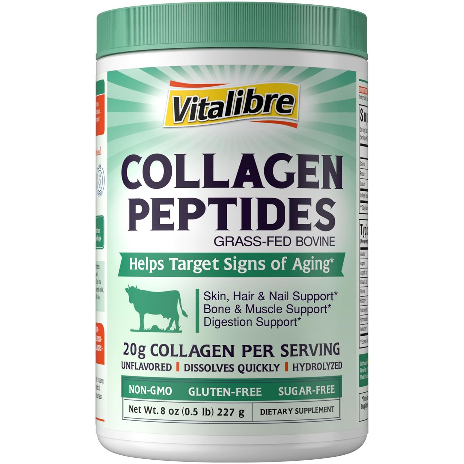 Vitalibre Bovine Collagen Peptides Powder for Women and Men, Grass-Fed Hydrolyzed Collagen Protein Type I III, Skin, Hair, Nails, Bones, Digestion, Unflavored, Non-GMO, Keto GF, 11 Servings, 8oz