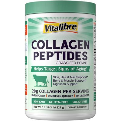 Vitalibre Bovine Collagen Peptides Powder for Women and Men, Grass-Fed Hydrolyzed Collagen Protein Type I III, Skin, Hair, Nails, Bones, Digestion, Unflavored, Non-GMO, Keto GF, 11 Servings, 8oz