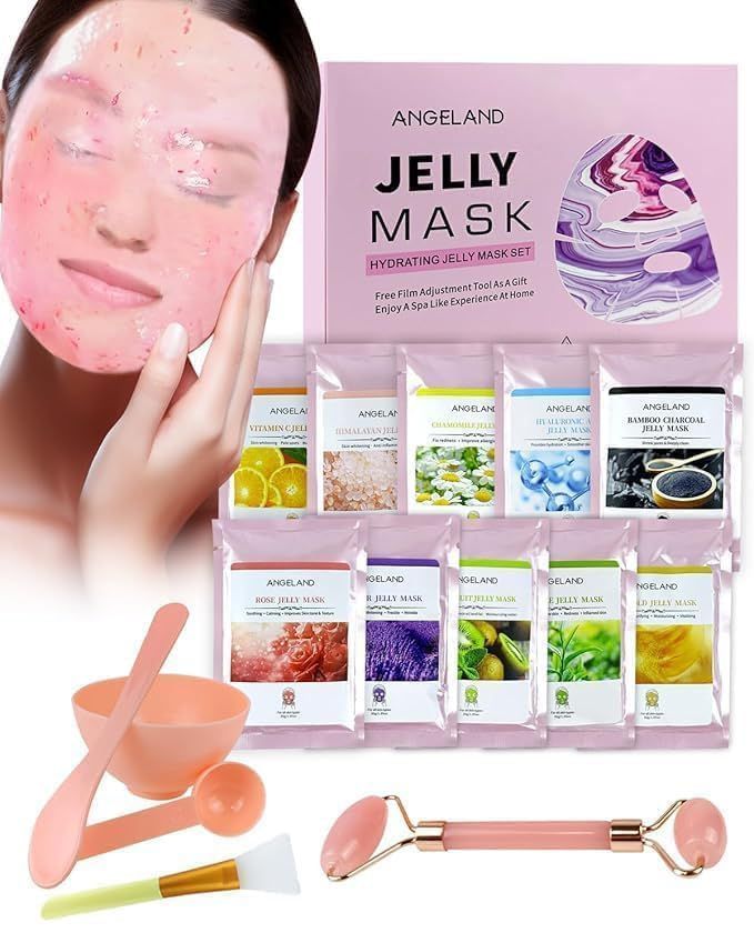 Jelly Mask for Facials Professional Natural Gel Masks - 10 Flavors Hydrating Moisturizing Jelly Face Masks, Rose Hyaluronic Acid 24K Gold VC, Jelly Facial Mask with Jade Roller Spatula Spa Use