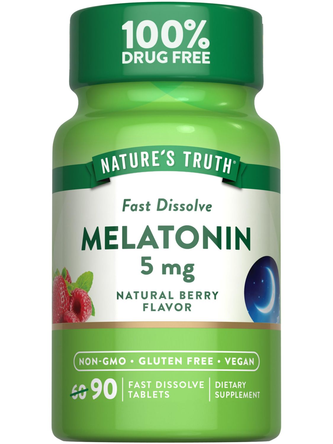 Nature&#39;s Truth Melatonin 5 mg Fast Dissolve Tablets 90 Count Natural Berry Flavor Vegan, Non-GMO Gluten Free Supplement