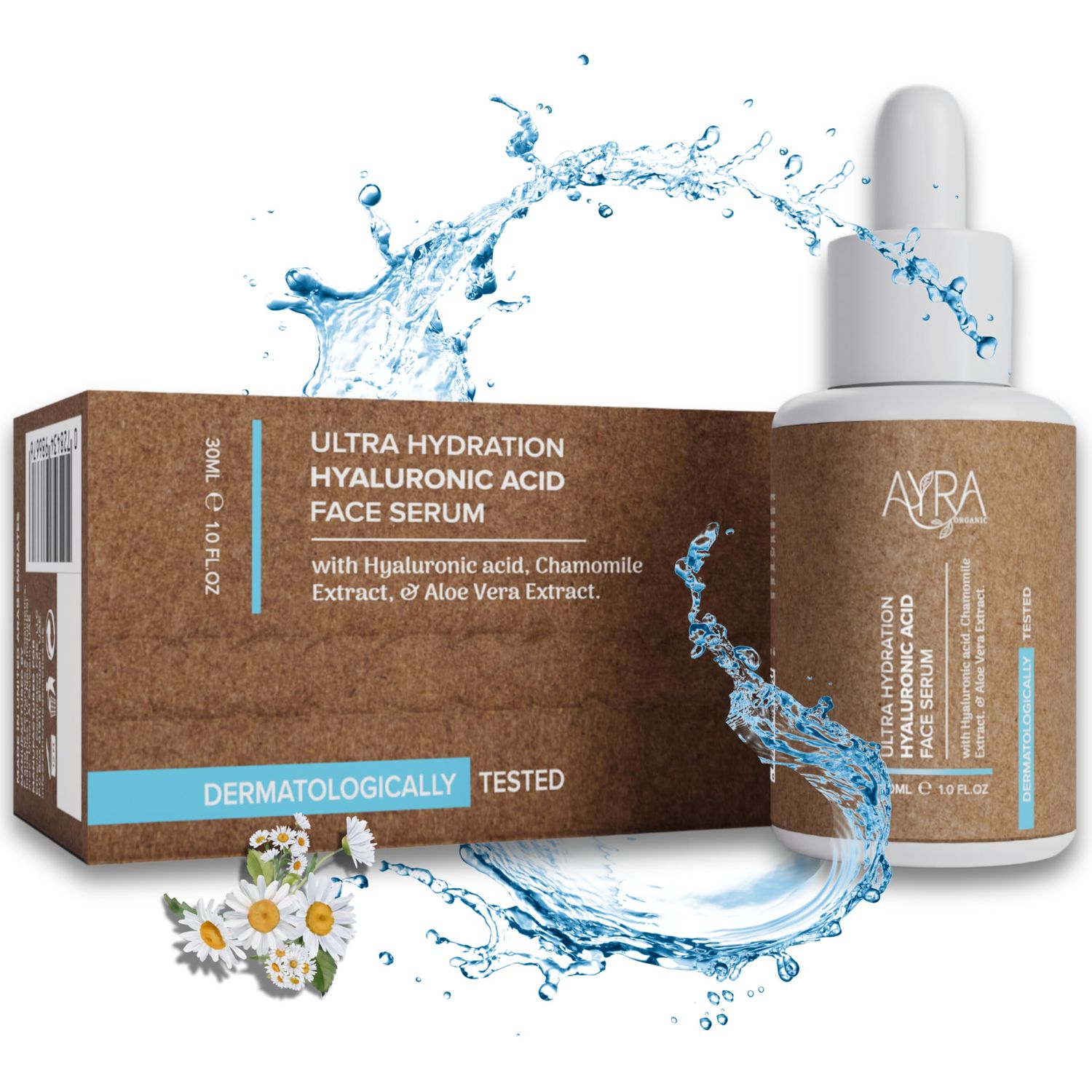 Ayra Organic Ultra Hydration Hyaluronic Acid Face Serum - 1Fl Oz Moisturizing Serum with Chamomile Aloe Vera Extract Ideal for Dry, Dull Skin Organic Eco-Friendly Skincare