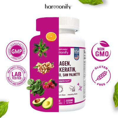 HARMONIFY Collagen Biotin Keratin Hyaluronic Acid Complex Supplement with Vitamin E, Folic Acid, Pumpkin Seed and MSM, 60 Capsules, 1000 mg