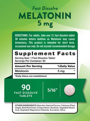 Nature's Truth Melatonin 5 mg Fast Dissolve Tablets 90 Count Natural Berry Flavor Vegan, Non-GMO Gluten Free Supplement