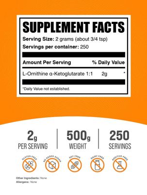 BulkSupplements.com L-Ornithine Alpha-Ketoglutarate Powder - OKG Supplement, Nitric Oxide Supplement, Ornithine Supplement - Gluten Free, 2000mg per Serving, 500g (1.1 lbs) (Pack of 1)