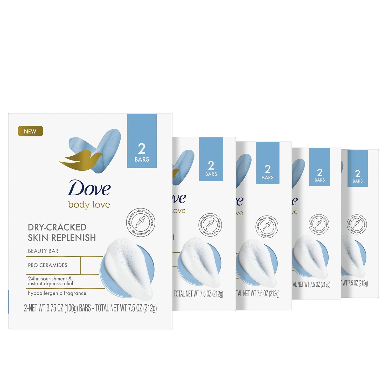 Dove Body Love Beauty Bar Soap Dry-Cracked Skin Replenish 10 Count Hypoallergenic Beauty Bar 24 Hour Nourishment Instant Dryness Relief Pro Ceramides 7.5 oz