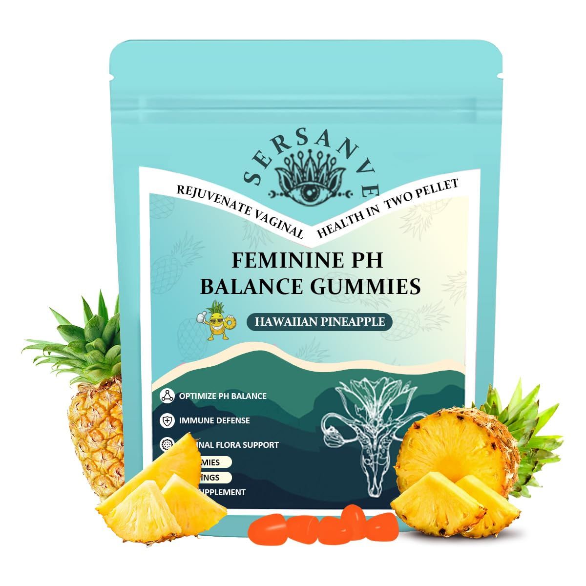 Premium Feminine Balance Gummies Immune Support - Vaginal Balance,Vegan, Gluten-Free Halal, Hawaiian Pineapple Flavor for Women PH, Immune Support Health