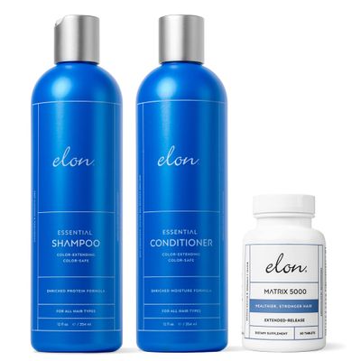 Elon Complete Kit for Thinning Hair - Elon Essential Shampoo and Conditioner Set Matrix 5000 Hair Growth Supplement - NO Sulfates, Parabens or Phthalates