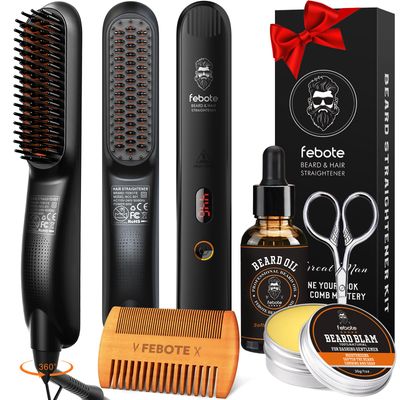 Beard Straightener Kit wBeard Straightener, Beard Balm, Beard Growth Oil, Beard Styling Comb Scissors, Upgraded 5-in-1 Beard Straightening, Unique Stocking Stuffer Gifts for Friend, Father Him