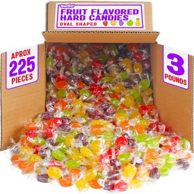 Fruit Flavored Hard Candy - 3 Pounds - Bulk Assorted Fruit Candies - Office Candy, Colorful Candies, Oval Shaped Candy