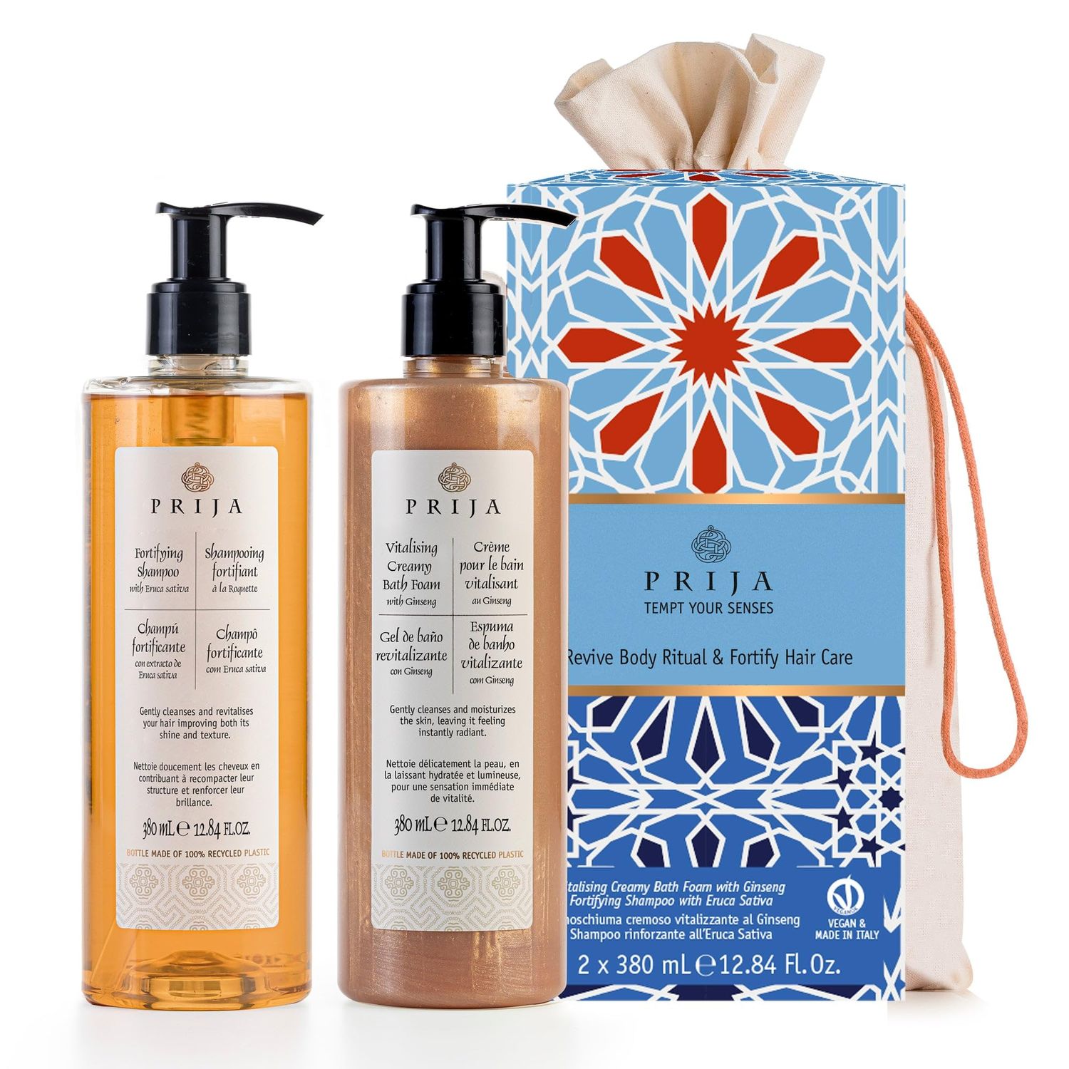 Prija Hair and Body Gift Pack (Includes Vitalizing Creamy Bath Foam with Ginseng and Fortifying Shampoo with Eruca Sativa) - Vegan Friendly - Dermatologically Tested - Made with 100 Recycled Bottle
