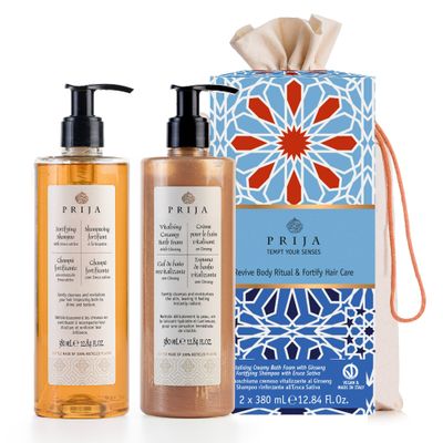Prija Hair and Body Gift Pack (Includes Vitalizing Creamy Bath Foam with Ginseng and Fortifying Shampoo with Eruca Sativa) - Vegan Friendly - Dermatologically Tested - Made with 100 Recycled Bottle