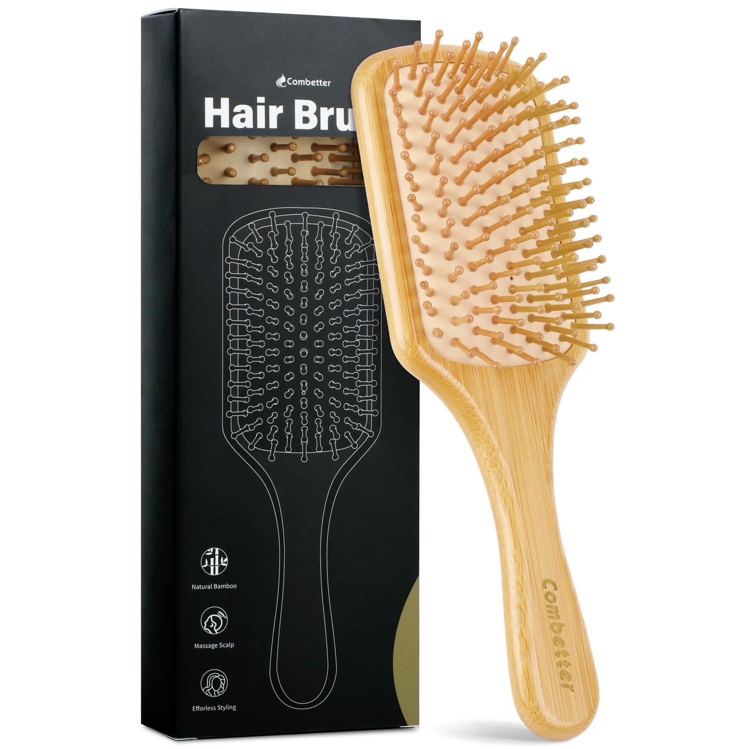 Combetter Hair Brush, Eco Friendly Bamboo Hairbrush-Smooths Detangling for All Hair Types, Natural Wood Bristle Massage Comb for Women Men Kids