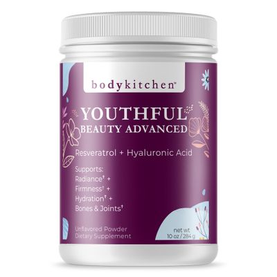 Body Kitchen Youthful Beauty Advanced, Collagen Peptides Powder for Beautiful Hair Skin Nails, Resveratrol and Hyaluronic Acid for Anti-Aging Antioxidant Support, Grass Fed (Pack of 1)