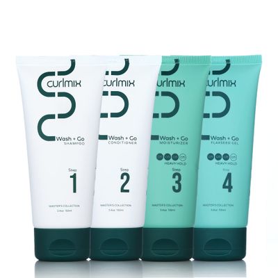 CurlMix Wash Go System - Travel Size Sample Curly Hair Shampoo Conditioner Set with Hydrating Moisturizer Softening Flaxseed Gel - Heavy Hold
