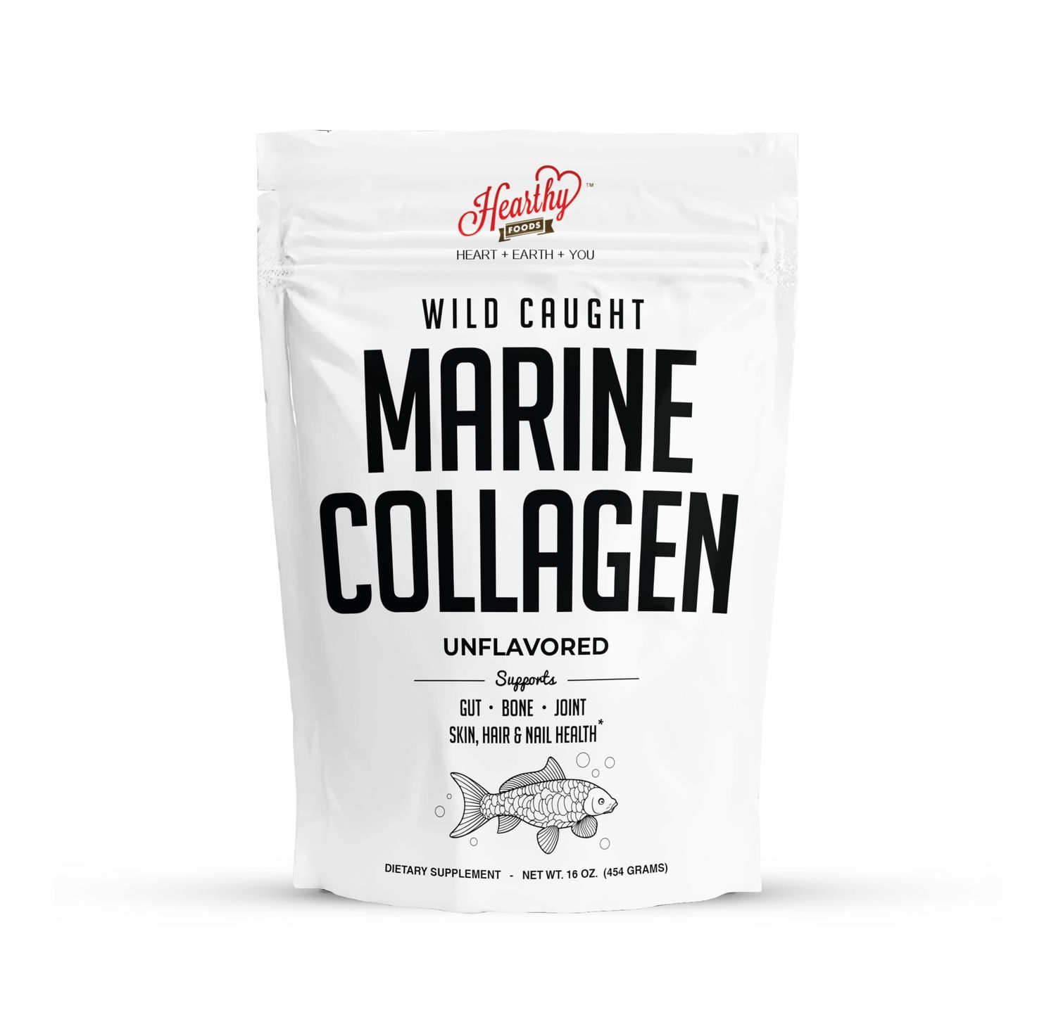 HEARTHY FOODS Marine Collagen Powder 16 Oz - Sourced from Wild-Caught Fish, Pescatarian Friendly, Keto Certified Non-GMO Verified - Easy to Mix in Water - 45 Servings