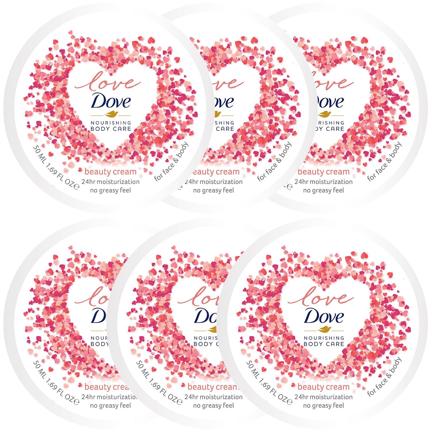 Dove Body Love Beauty Cream, Face Body, 6-Pack - 24H Moisturizing Cream for Dry Skin, Travel-Size, 1.69 Fl Oz Ea