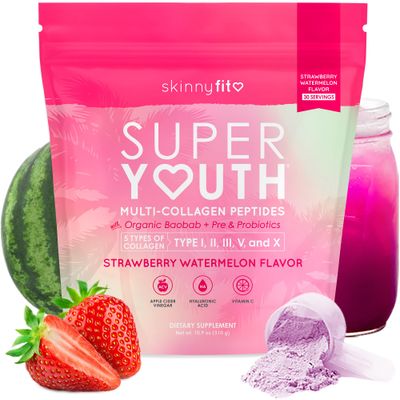 SkinnyFit - Super Youth, Strawberry Watermelon (30 Servings) - Multi Collagen Peptides Powder - Probiotics, Fiber, Hyaluronic Acid - Collagen for Women - Non GMO, Gluten Free, Sugar Free - Self Care