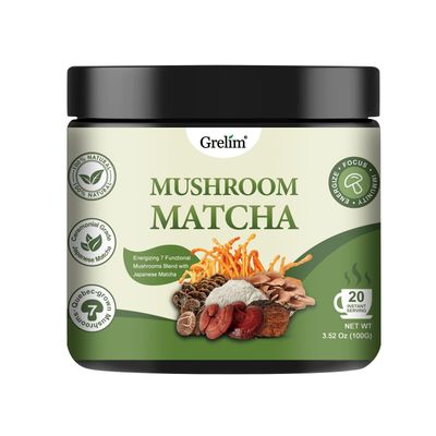 Grelim Mushroom Matcha, Japanese Ceremonial Matcha Infused With 7 Superfood Mushrooms, MCT Oil, Coconut Milk Powder, Great Tasting Matcha Latter 3.52 Oz