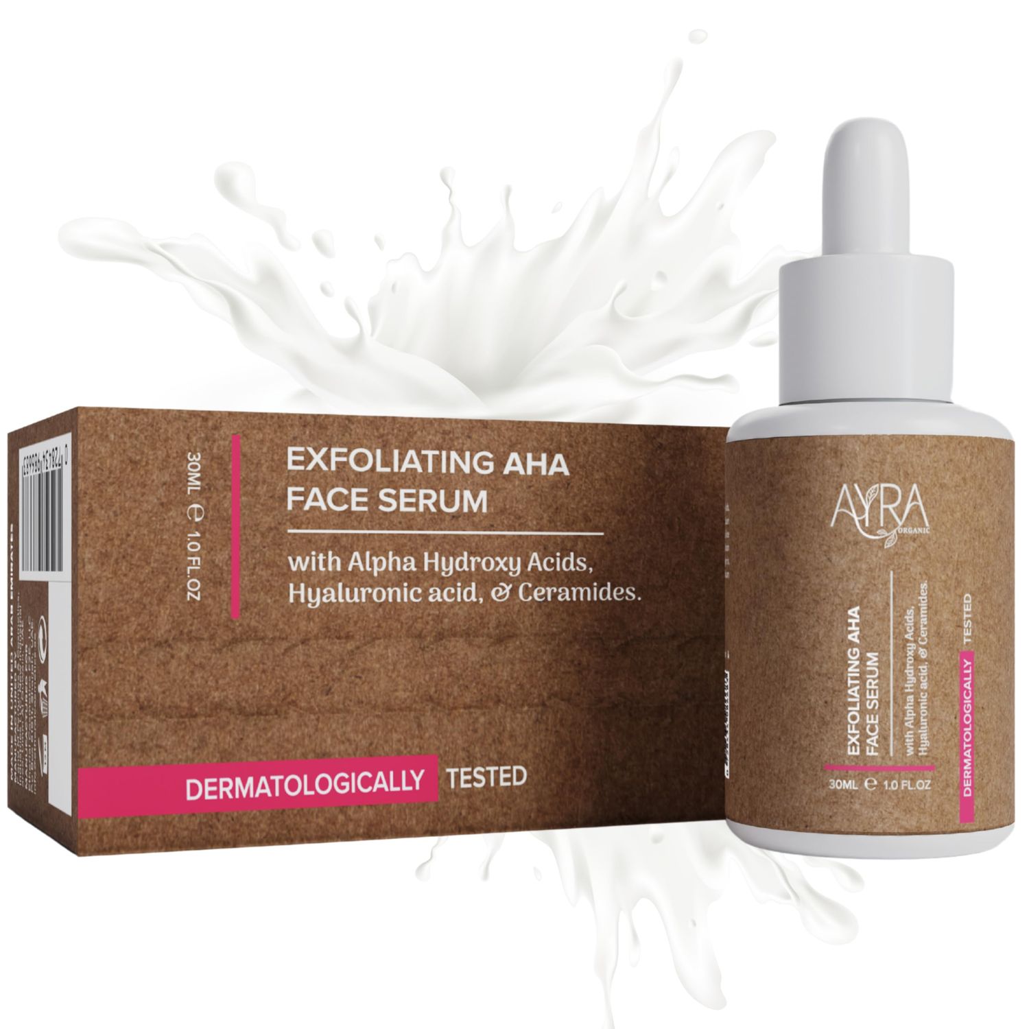 Ayra Organic Exfoliating AHA Face Serum - 1 Fl Oz Skin Peeling Solution with Alpha Hydroxy Acids, Hyaluronic Acid Ceramides Organic, Eco-Friendly Ideal for Acne-Prone Skin
