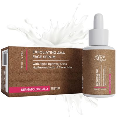 Ayra Organic Exfoliating AHA Face Serum - 1 Fl Oz Skin Peeling Solution with Alpha Hydroxy Acids, Hyaluronic Acid Ceramides Organic, Eco-Friendly Ideal for Acne-Prone Skin
