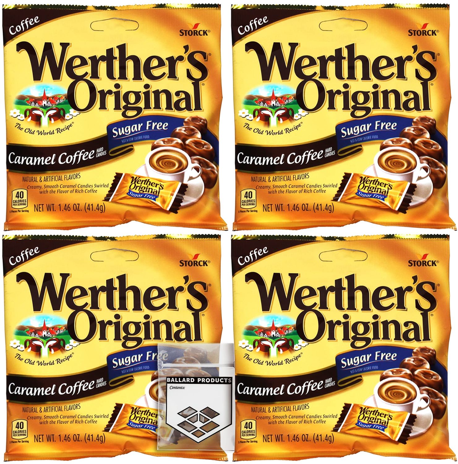 Werthers Sugar Free Coffee Hard Candy 4 Pack of Caramel Coffee Hard Candy - 1.46 Ounce Each Bag Diabetic Candy, Low Carb Snacks, Keto Candy Bundle with Ballard Products Pocket Bag